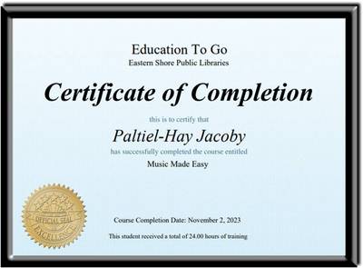 Certificate of Completion, Music Made Easy, 2023