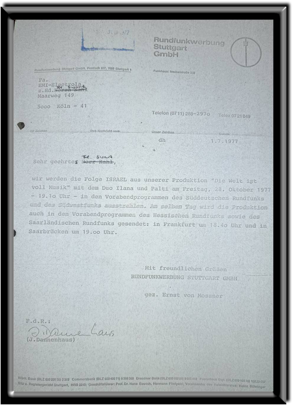 Letter of recommendation by J. Dannenhaus, Rundfunkwerbung Stuttgart GmbH, 1977.