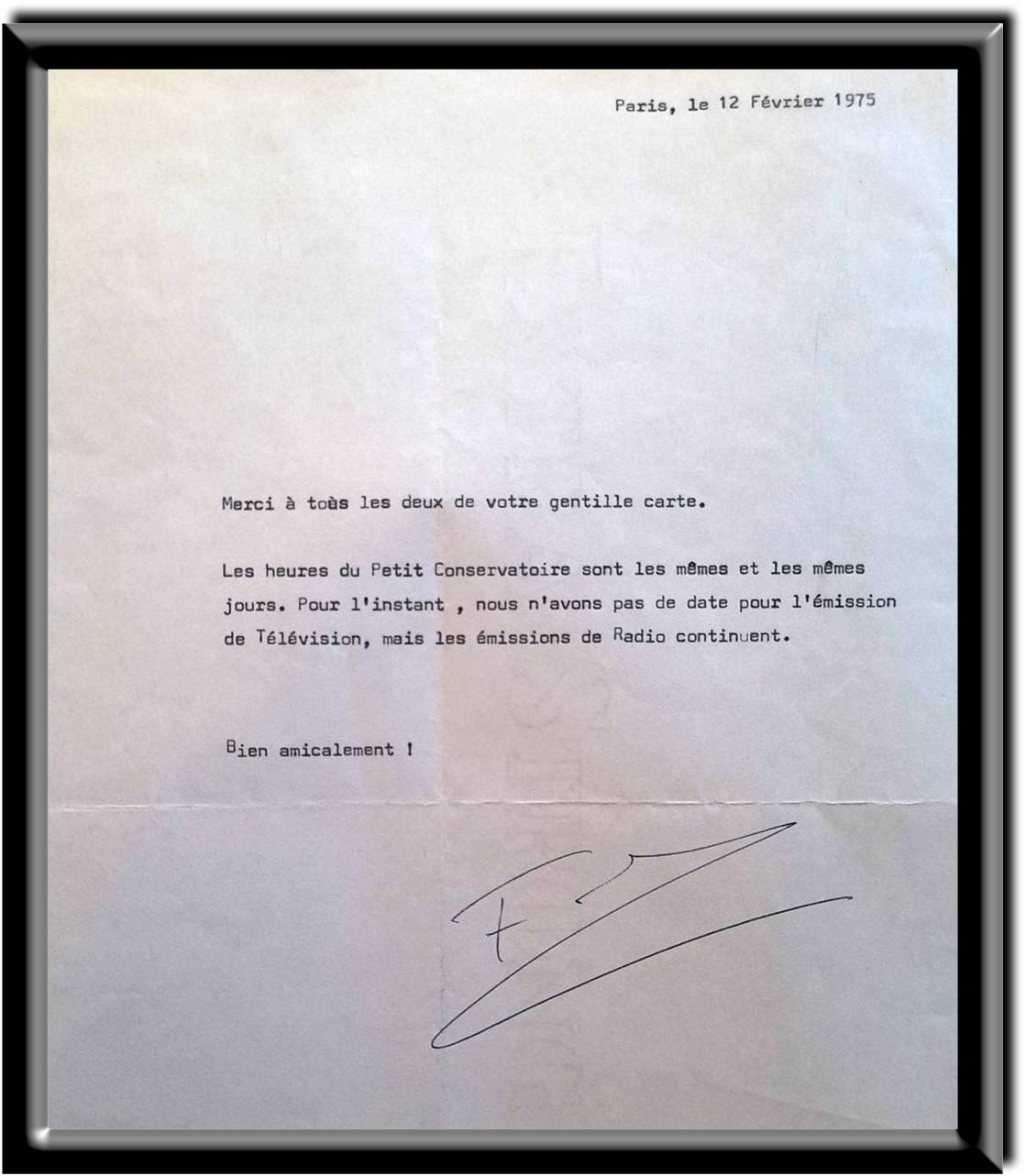 Letter of recommendation about "Le Petit Conservertoire" in French television, February, 1976.