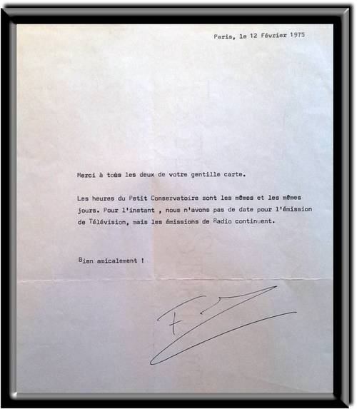 Letter of recommendation about "Le Petit Conservertoire" in French television, February, 1976.