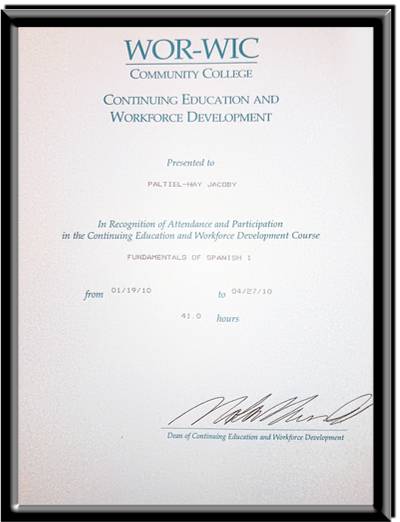 Certificate of Completion, Fundamentals of Spanish I, 2010.